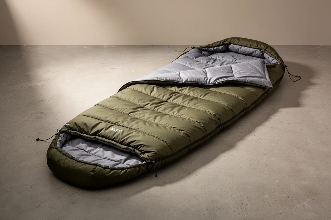Olive green synthetic camping quilt with grey lining laid out on a concrete surface