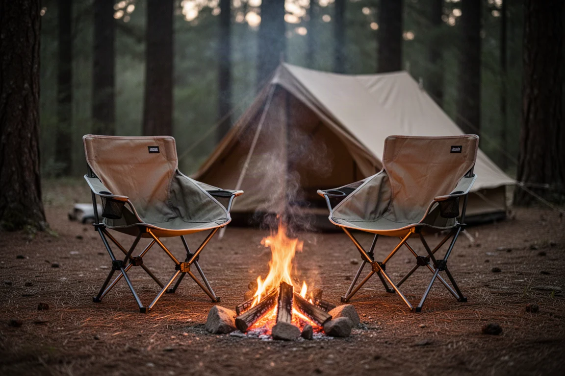 Twee campingstoelen opgesteld naast een klein vuur op een bosrijke camping in de schemering