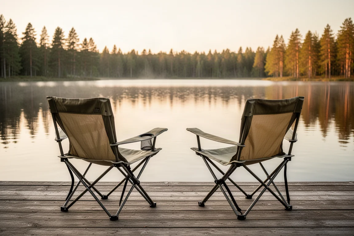 Twee opvouwbare campingstoelen op een houten terras met uitzicht op een rustig meer in gouden uurlicht
