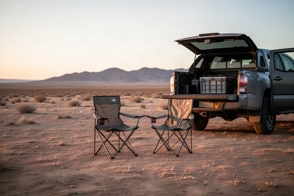 Twee campingstoelen opgesteld naast een pick-uptruck in de open woestijn in de schemering