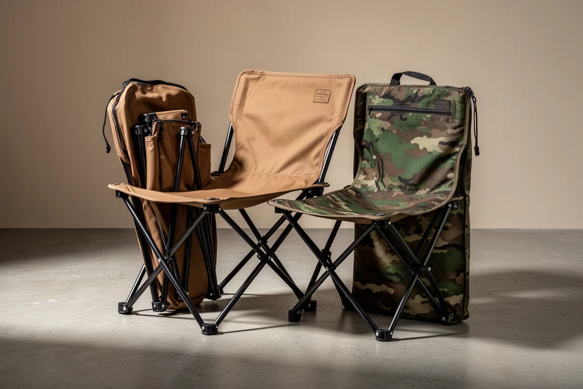 Two compact folding camp chairs, one brown and one camouflage, with a carry bag on concrete