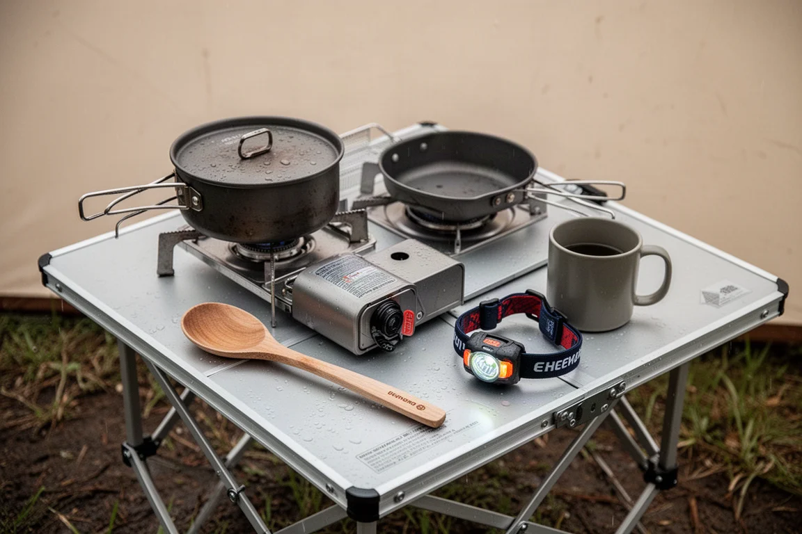 折りたたみテーブルの天板にキャンプ調理器具が整然と並べられている俯瞰の様子