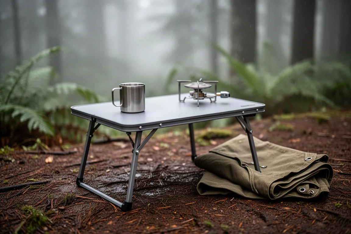 Opgevouwen werkbladtafel voor de camping op een vochtige bosbodem met een mok en een brander erop