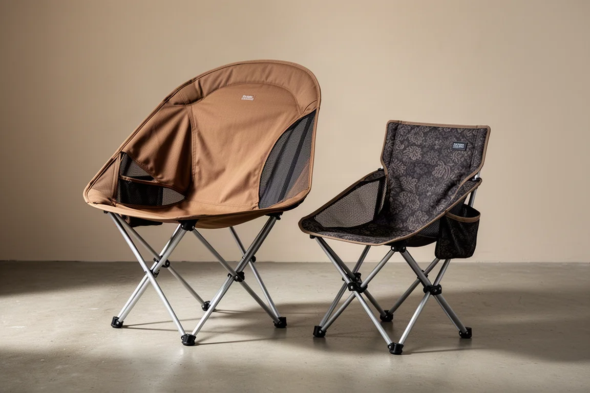 Two folding camping chairs, one tall teardrop back and one squared back, on a concrete surface