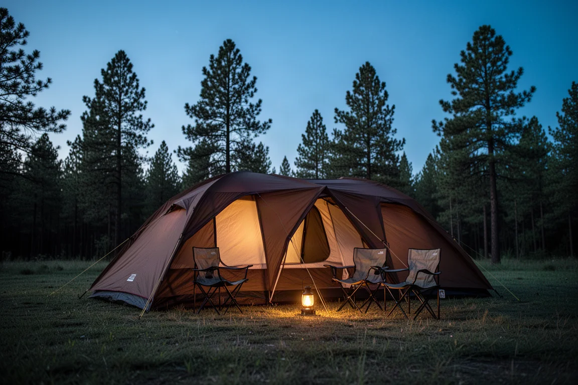 Campingplatz zur goldenen Stunde mit Campingstühlen neben einem großen Zelt auf einer Lichtung im Kiefernwald