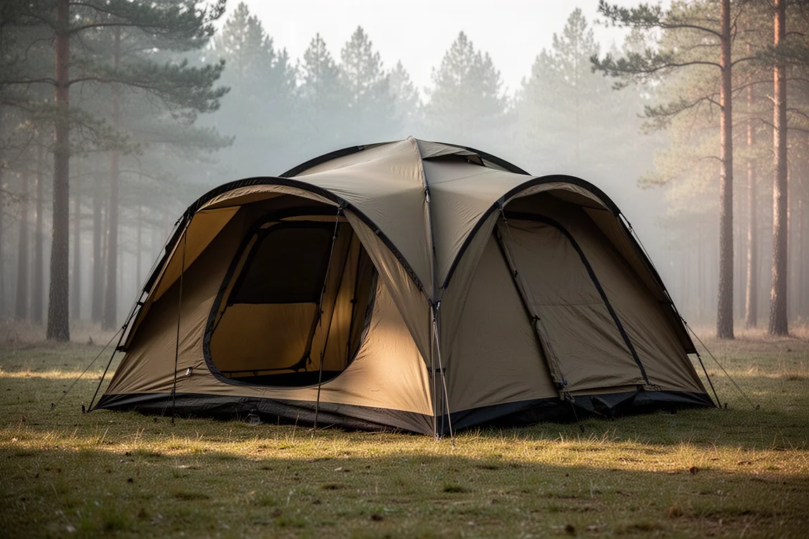 Large coyote brown four-person camping tent pitched on a grassy clearing beside pine trees