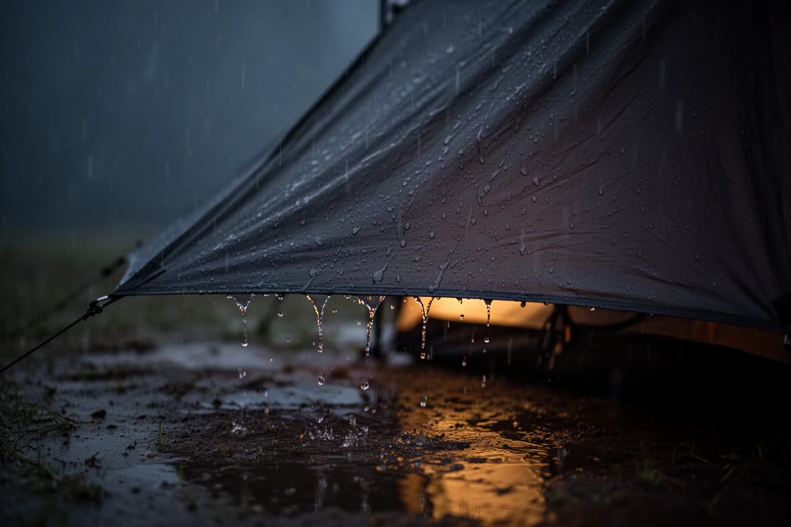 夜晚雨水順著繃緊的深色帳篷布面流下,內部透出暖光