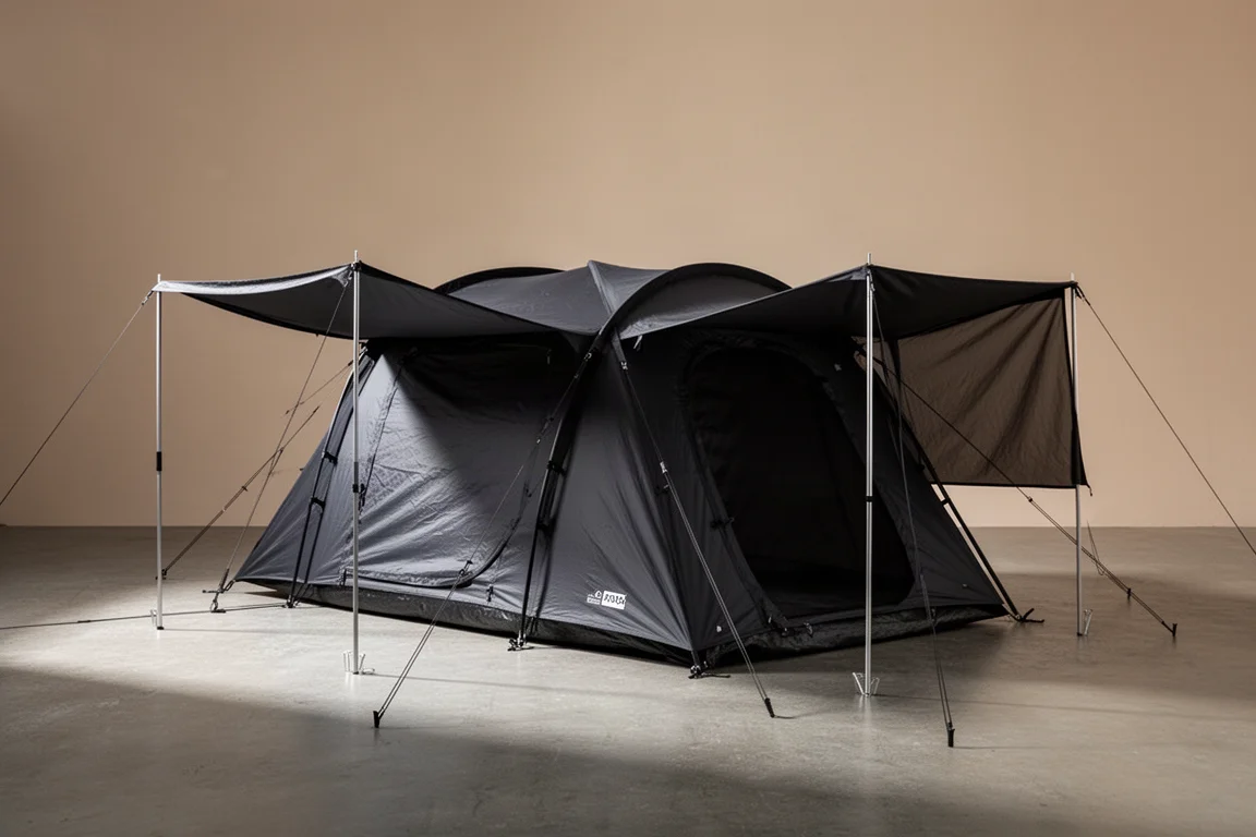 Black four-season tunnel tent with extended side awning pitched on a concrete surface