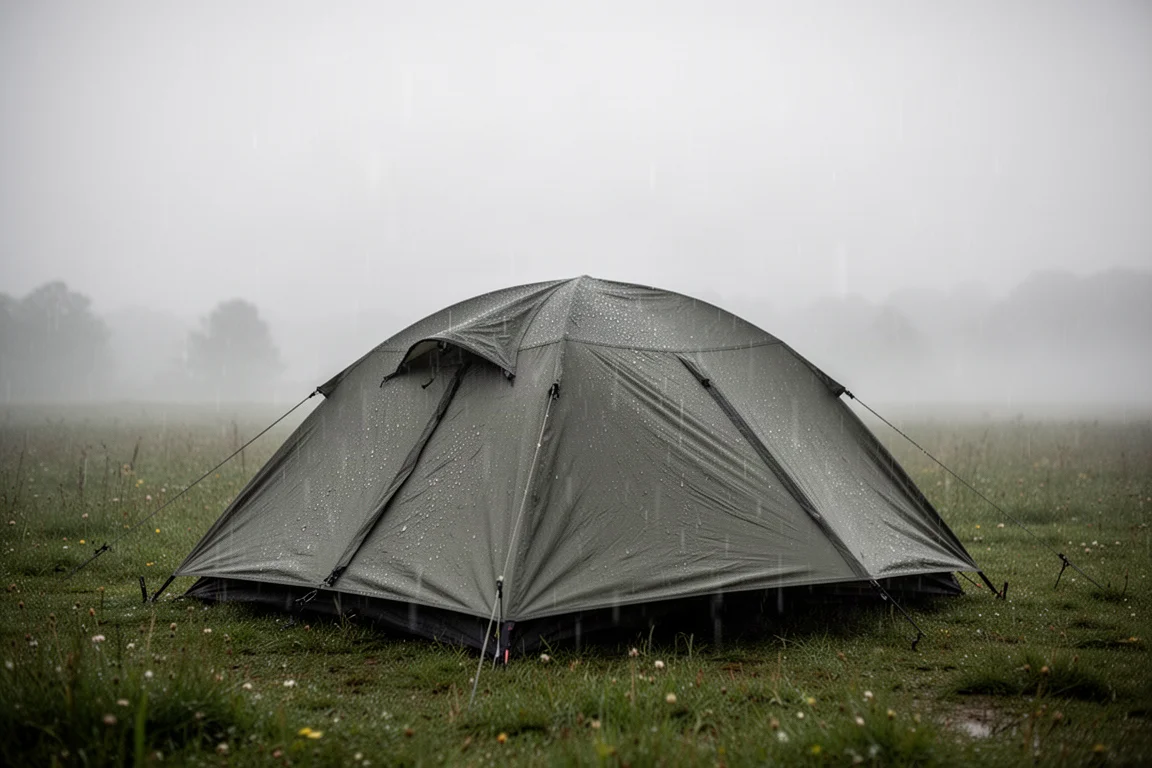 Tent pitched on a grassy campsite beneath a dark overcast sky as steady rain falls