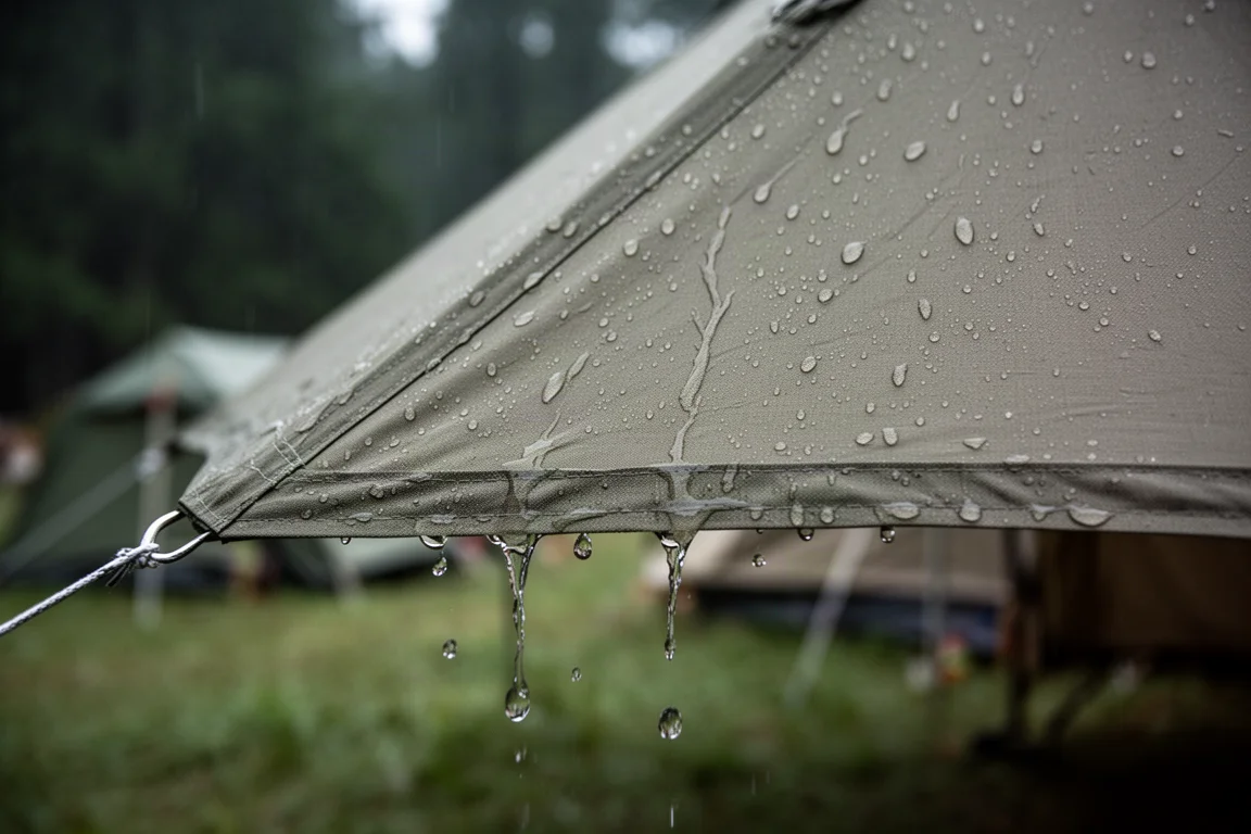 Rainwater sheeting off a taut tent flysheet with droplets running down the fabric