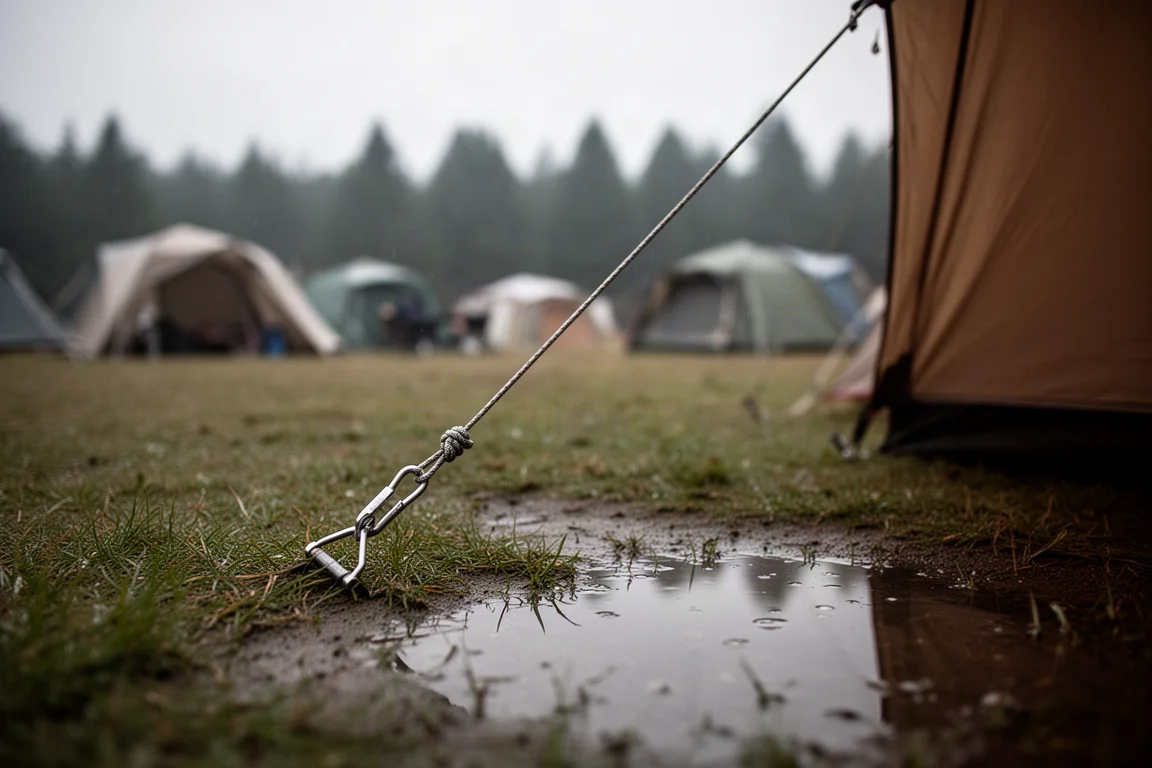 Tent guy line and tensioner anchored in wet ground with a blurred campsite behind