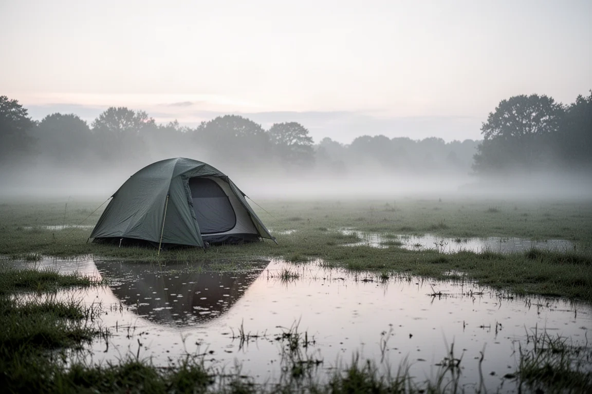Campsite at dawn after a long night of rain with mist across a wet meadow