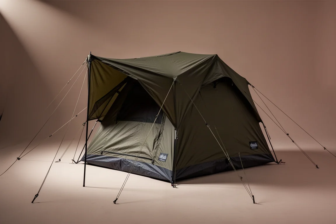 Low-profile olive four-season camping tent guyed out on a neutral studio backdrop