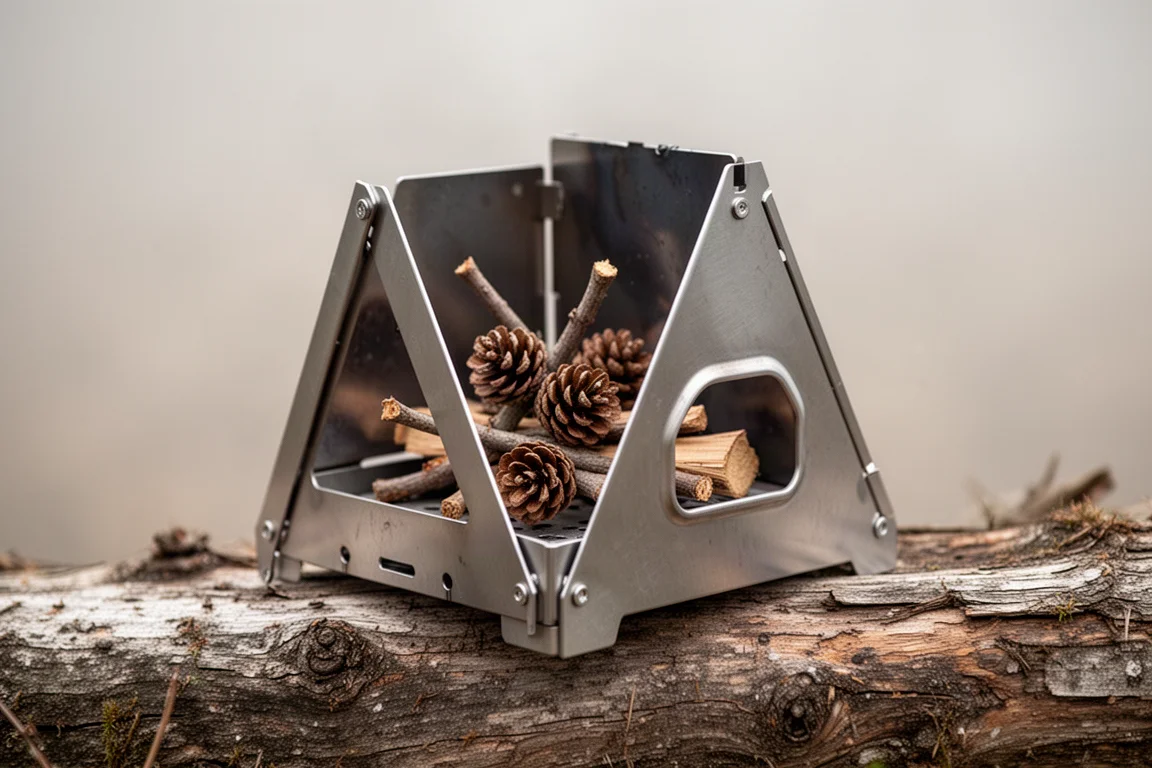Triangular titanium camp stove with a side opening, sitting on a weathered log outdoors