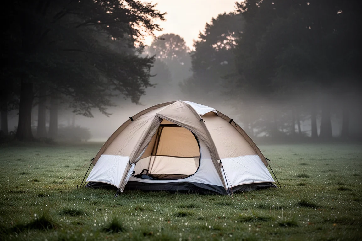 Small beige and white one-person tent pitched on grass at dawn with mist in the background