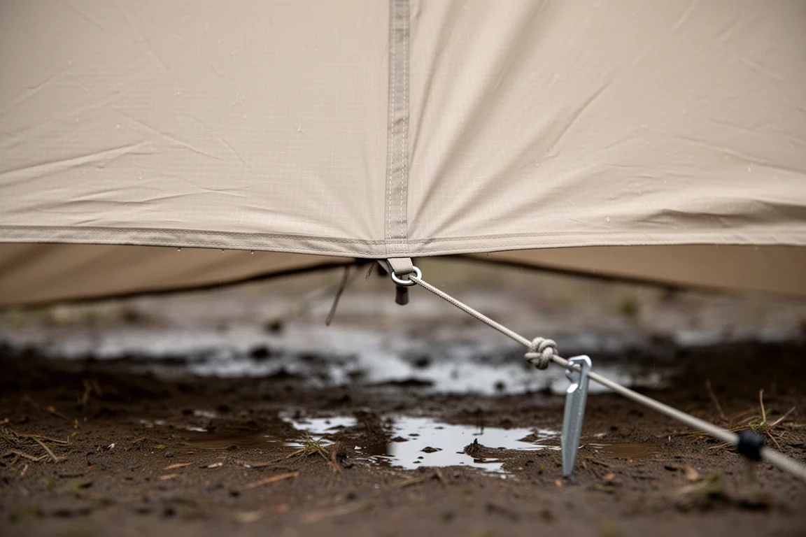 Close-up of a tent fly edge lifted above the ground with a visible air gap