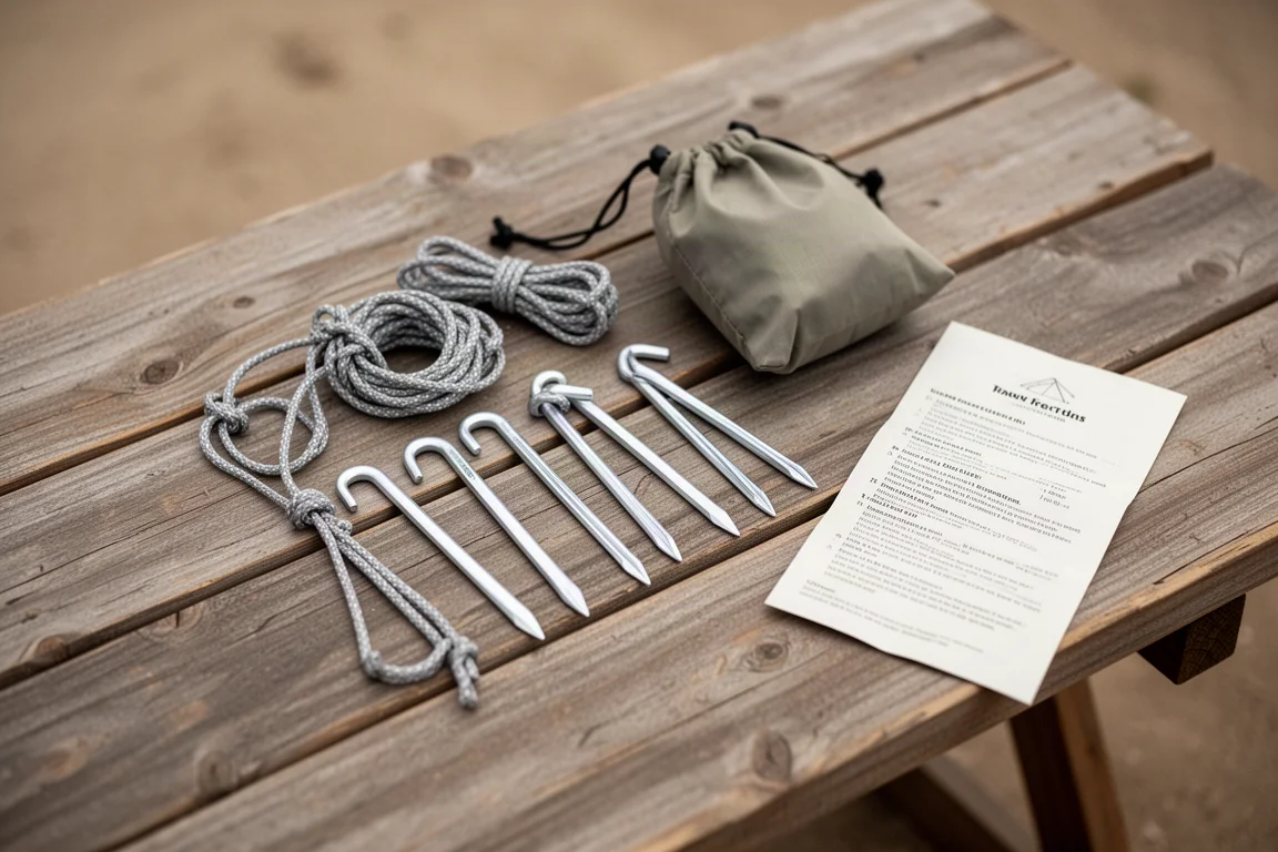 Overhead flat lay of tent stakes and guy lines coiled on a weathered wooden surface