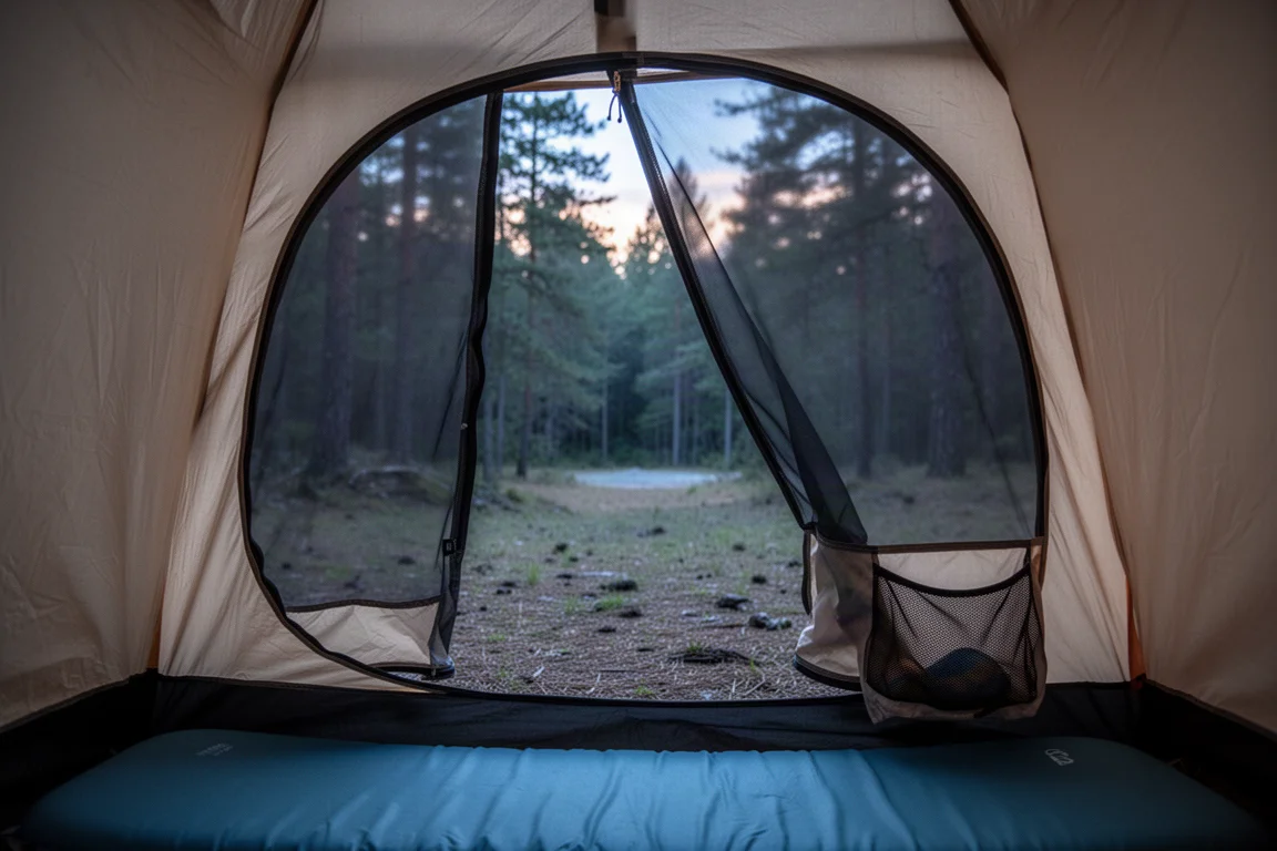 Interior view through an open mesh tent door toward a forest clearing at dusk