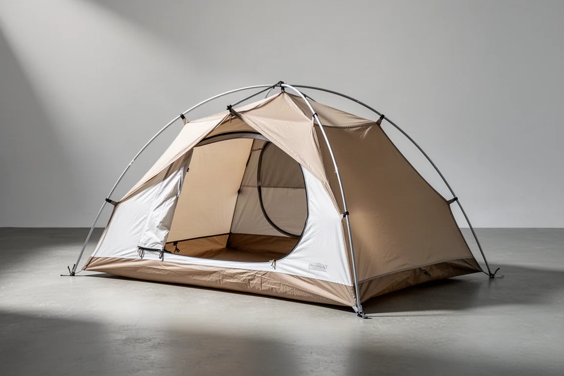 Beige and white one-person backpacking tent pitched on a matte concrete surface