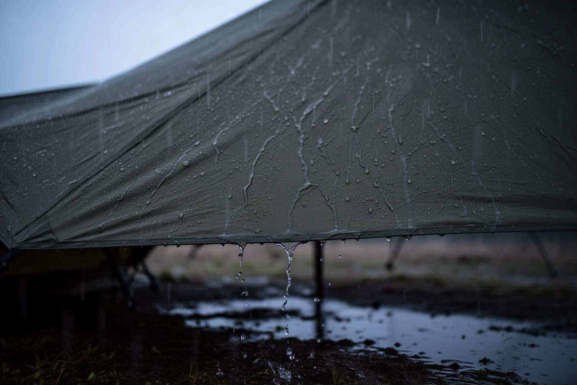 雨水從帳篷外帳流下,落在庇護所開口處的濕地上
