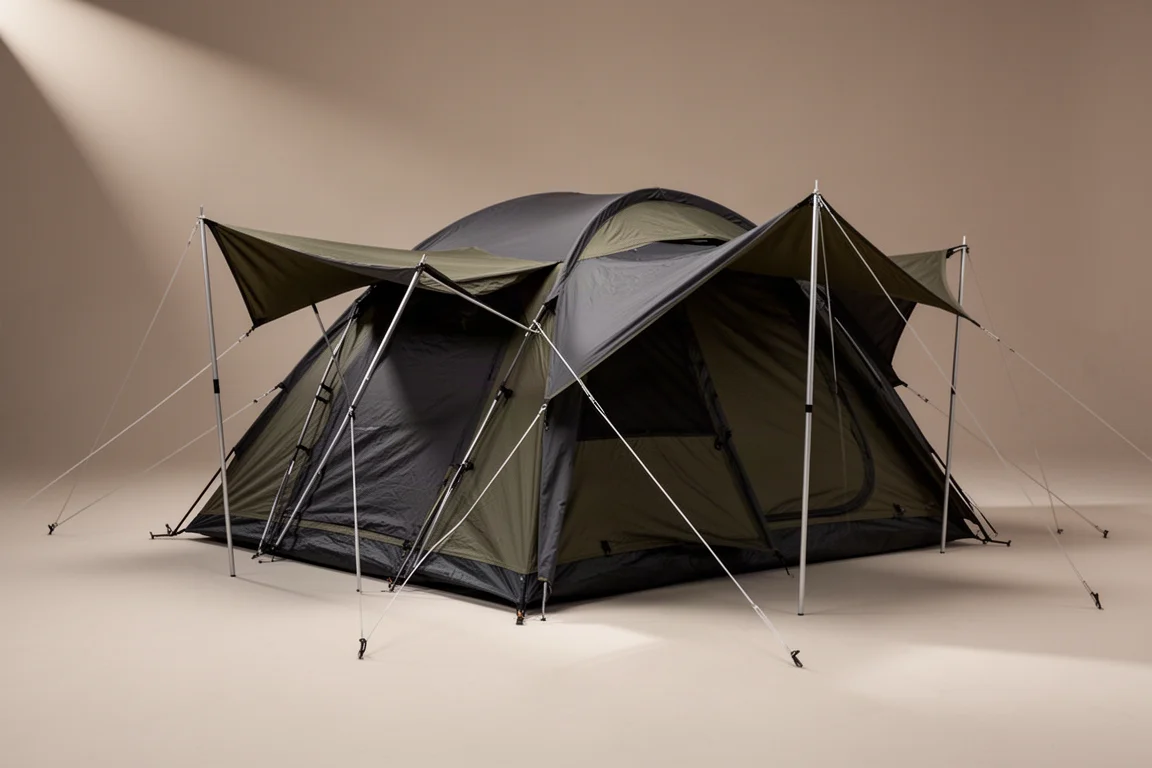 Large black overlanding tent shell pitched on gravel beside a motorcycle at dusk
