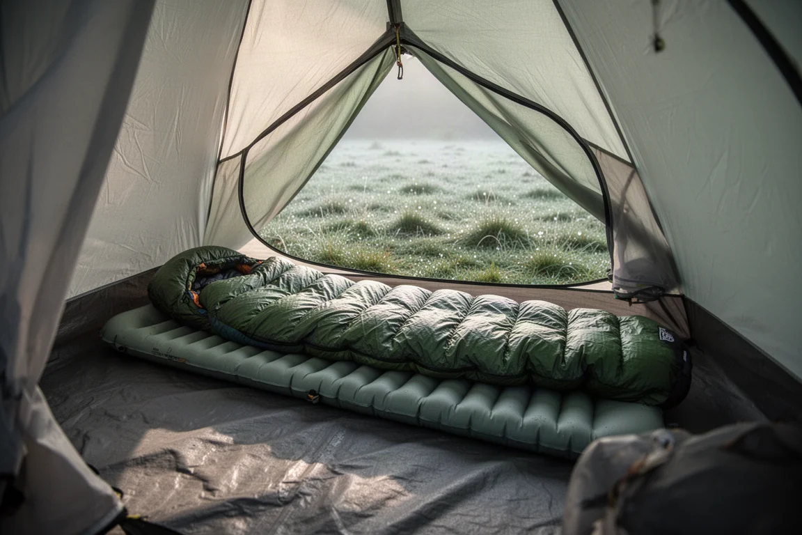 Isomatte und Daunenschlafsack in einem Trekkingzelt im Morgengrauen