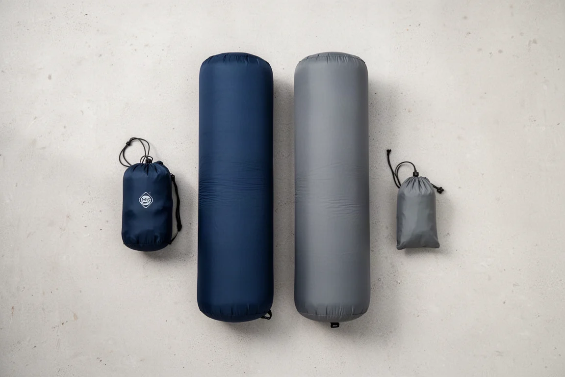 Draufsicht auf zwei aufgerollte Isomatten, Packsack und Pumpsack