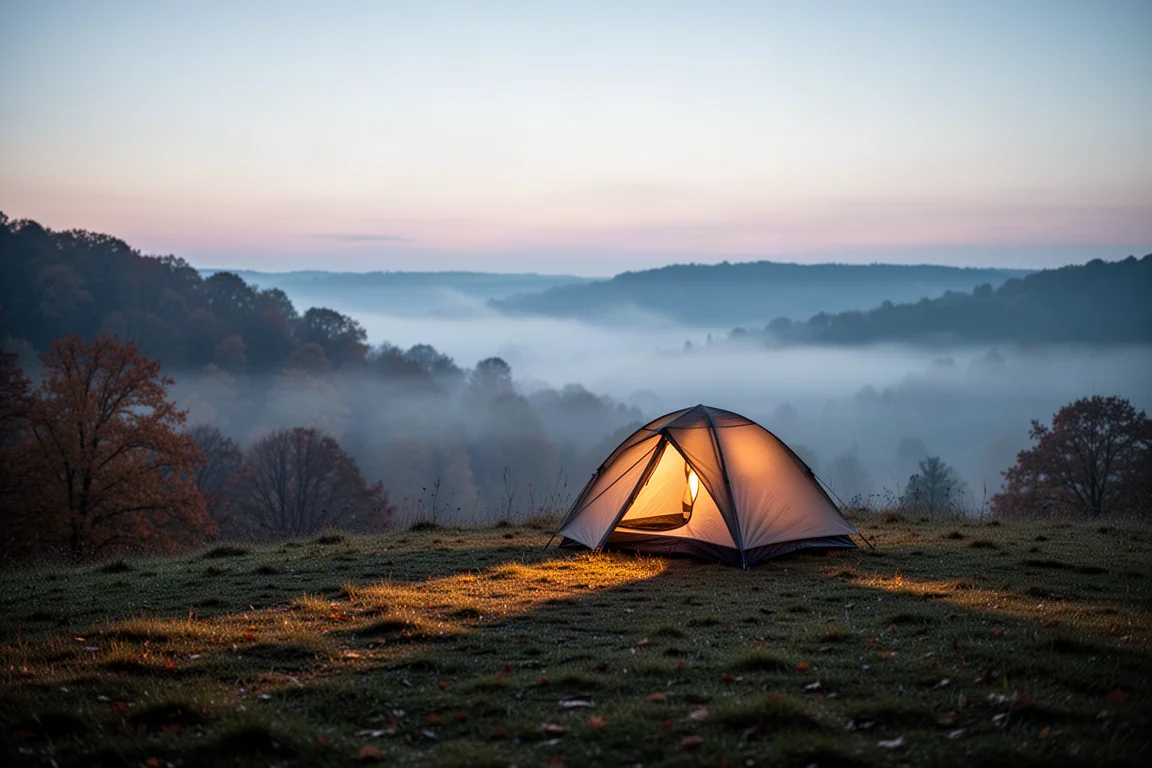 Kleines Zelt auf einem grasbewachsenen Grat in der Abenddämmerung mit Nebel im Tal