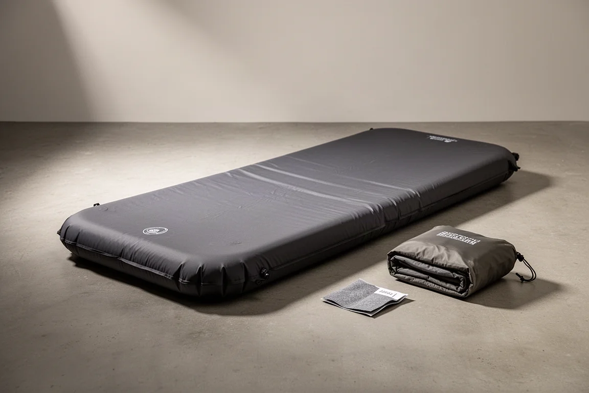 Dark gray rectangular sleeping pad with storage sack and repair kit on concrete surface