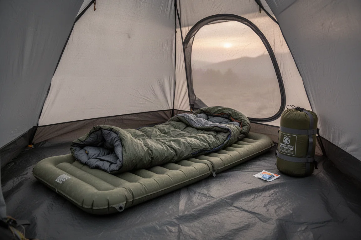 Insulated sleeping pad and sleeping bag inside a backpacking tent at dawn