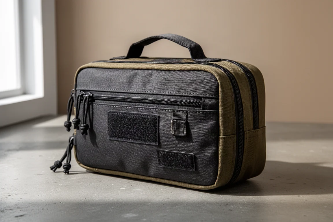 Large dark nylon pen case with handle and front pocket on concrete surface