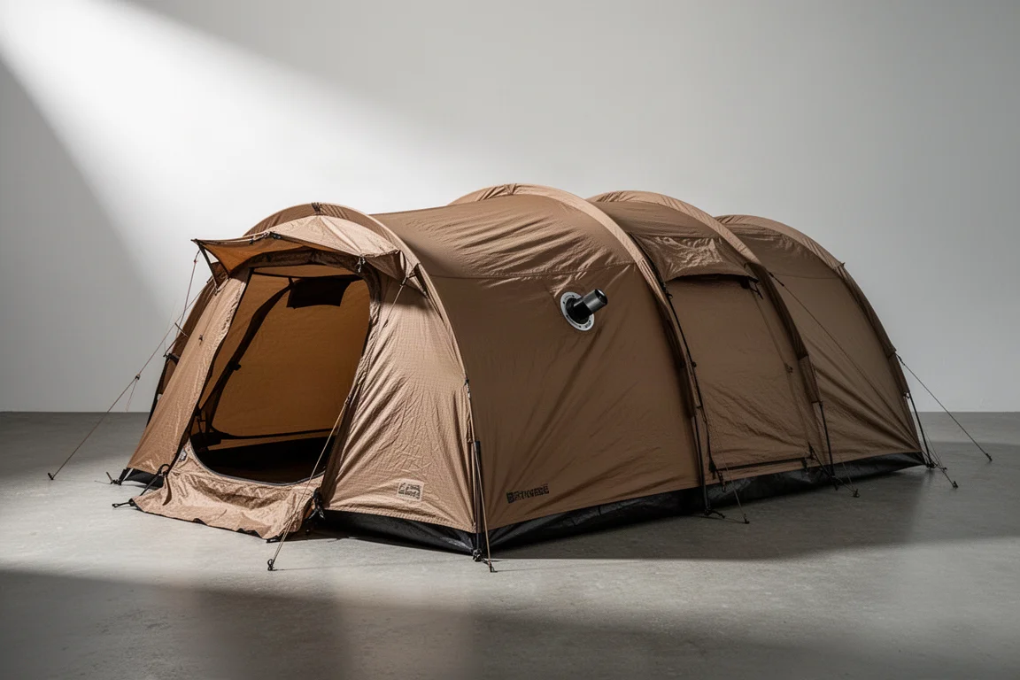 Coyote brown four-season tunnel tent pitched on a matte concrete surface