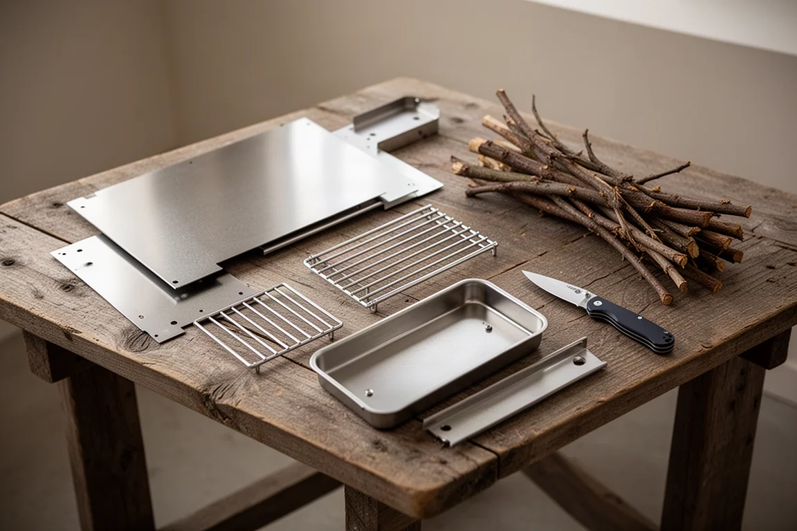 Overhead flat-lay of flat-pack stove panels, a grate, dry twigs and a folding knife on a wooden bench