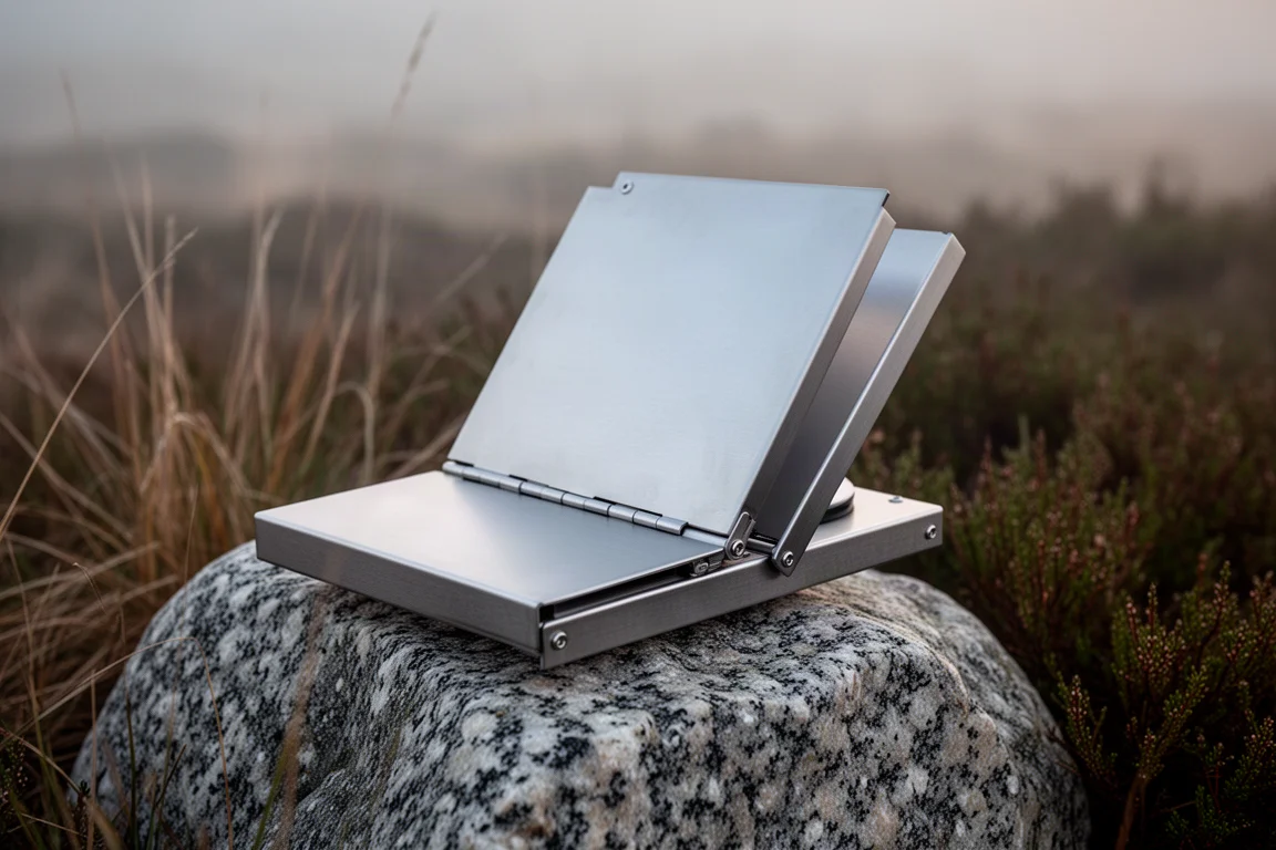 Close-up of a hinged stainless steel stove panel folding open on a granite rock at dawn