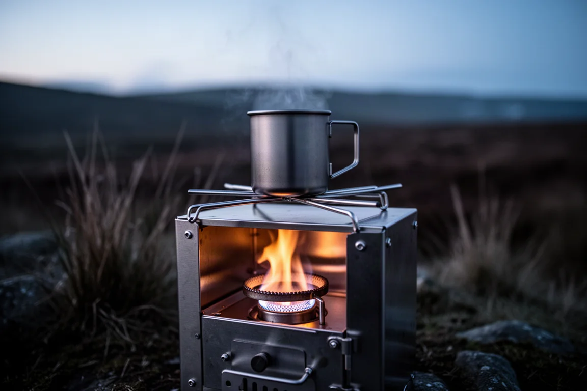 Small metal burner glowing inside a box stove at dusk with a titanium mug on top