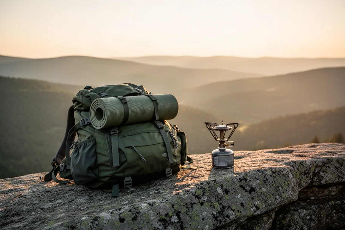 Hiking pack with sleeping mat and folded stove on a granite ledge above rolling hills at dusk
