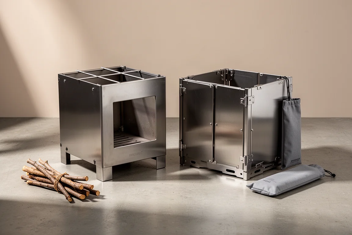 Two flat-pack stainless steel wood stoves on concrete, one assembled and one folded flat