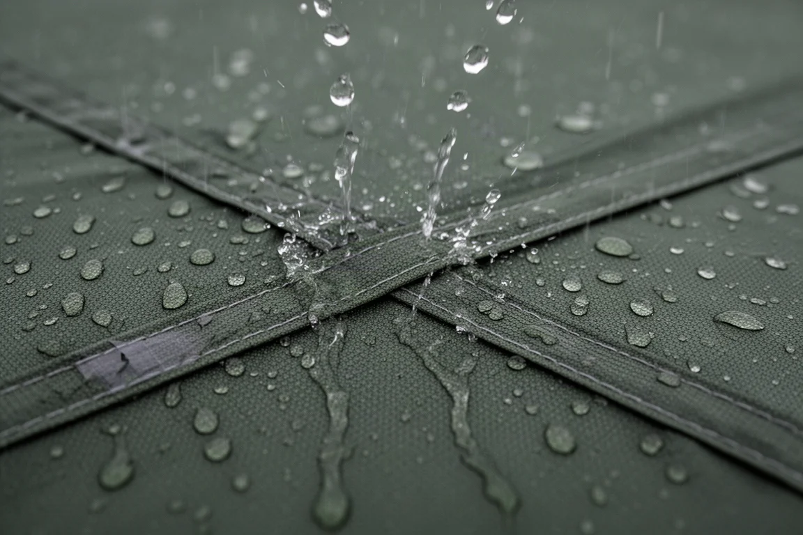 Pioggia che forma gocce sul tessuto SilNylon verde teso con acqua che scorre giù