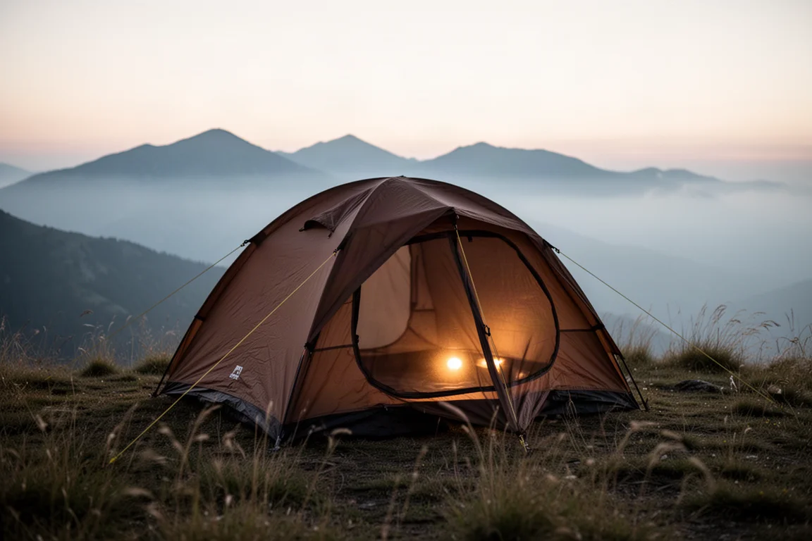 Coyote brown tent pitched on a grassy mountain ridge at dusk