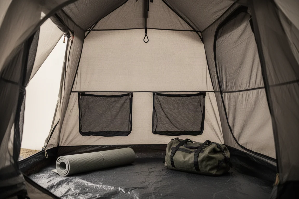 Interior of a two-person tent with mesh pockets and gear on the floor