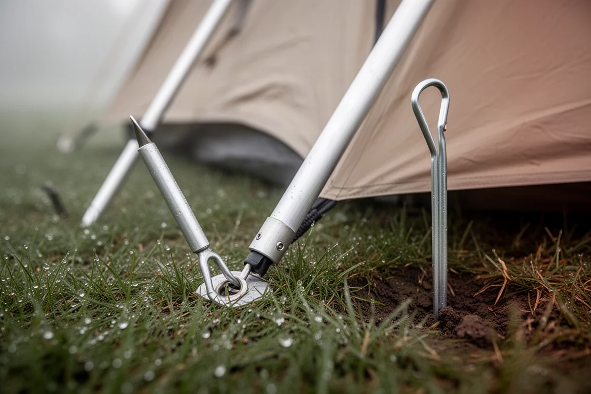 Tent pole tip seated in a corner grommet with a corded stake in damp grass
