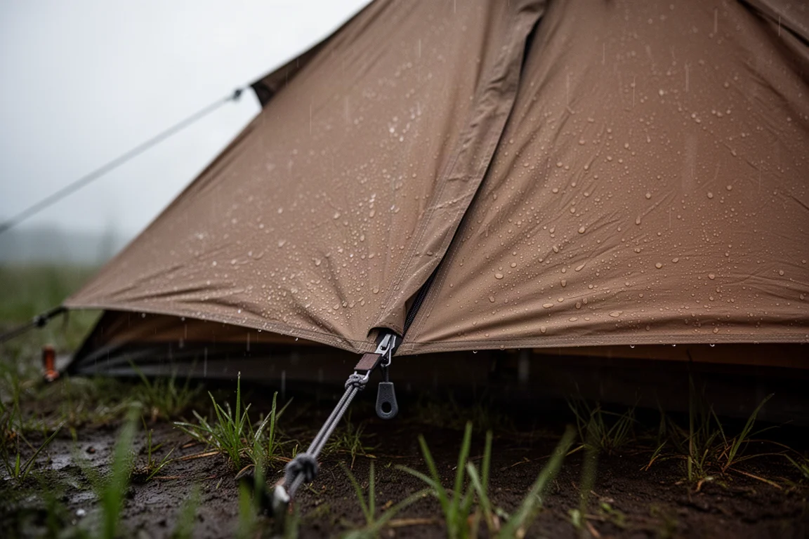 Rain beading on the fly of a pitched tent with the zipper storm flap closed