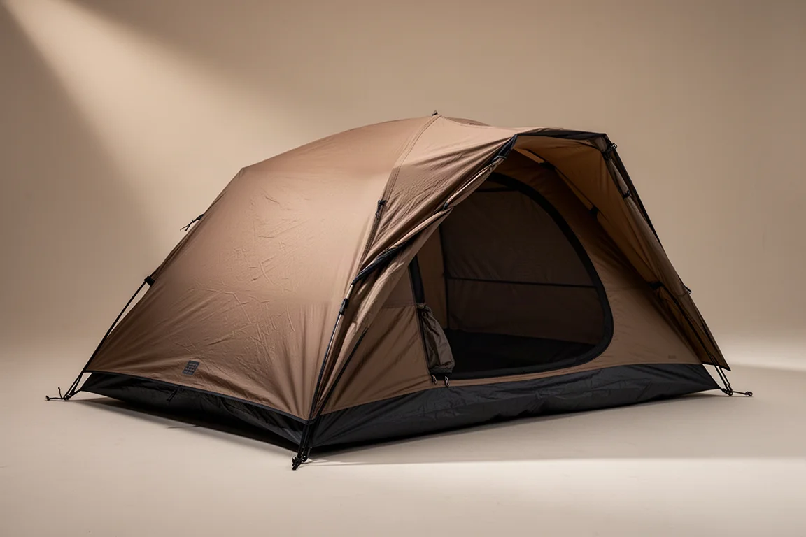 Coyote brown two-person tent with partial fly pitched on neutral studio backdrop