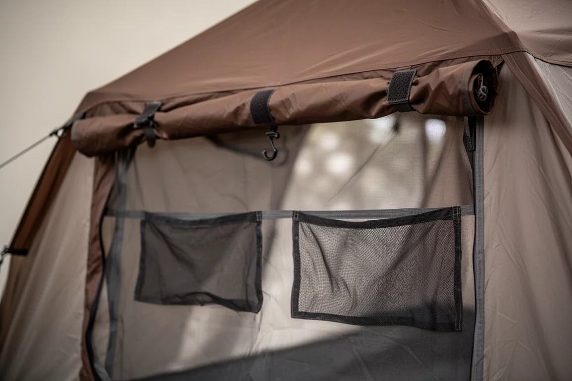 Interieur van een tent met een bruin luifelpaneel teruggerold naast een meshwand