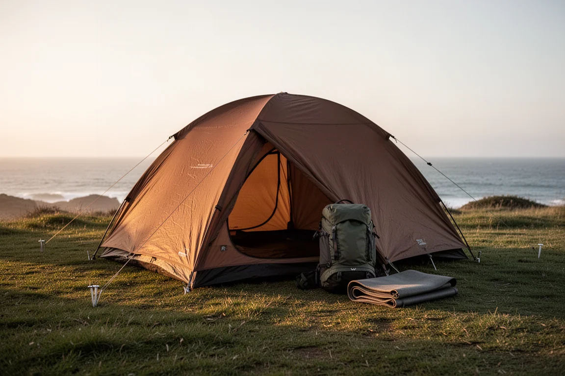 Coyote bruine tent op kustgras bij zonsopgang met haringen en een rugzak ernaast