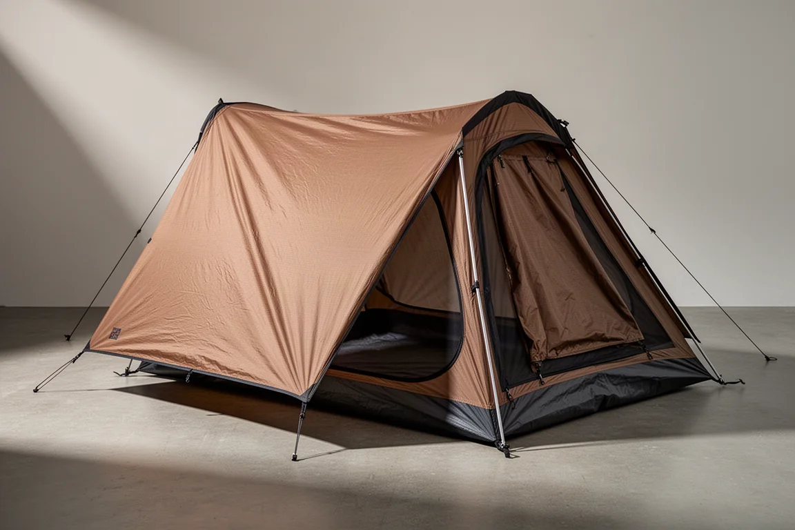 Tenda da campeggio per due persone color coyote brown con finiture nere, montata su una superficie in cemento opaco