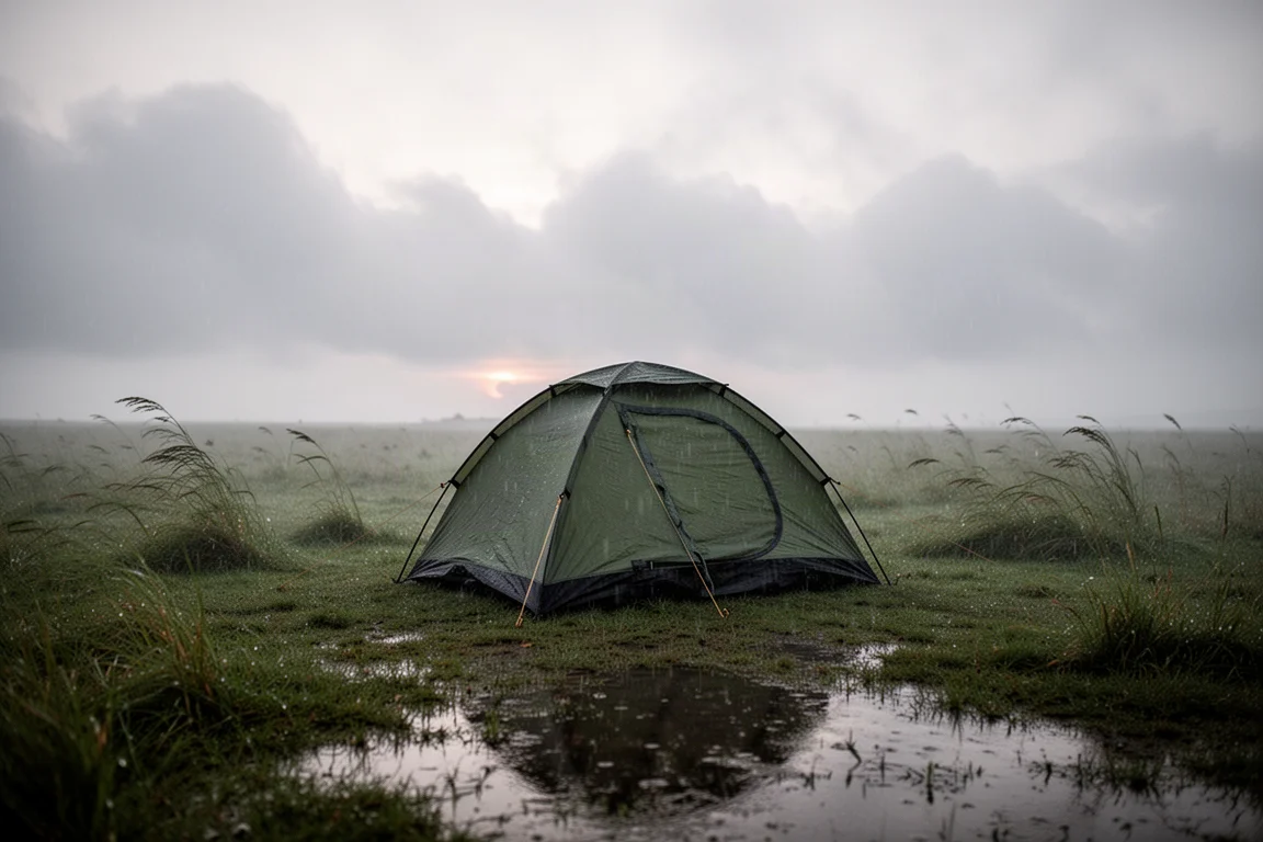 Tenda da tre stagioni montata in una radura erbosa sotto nuvole temporalesche scure