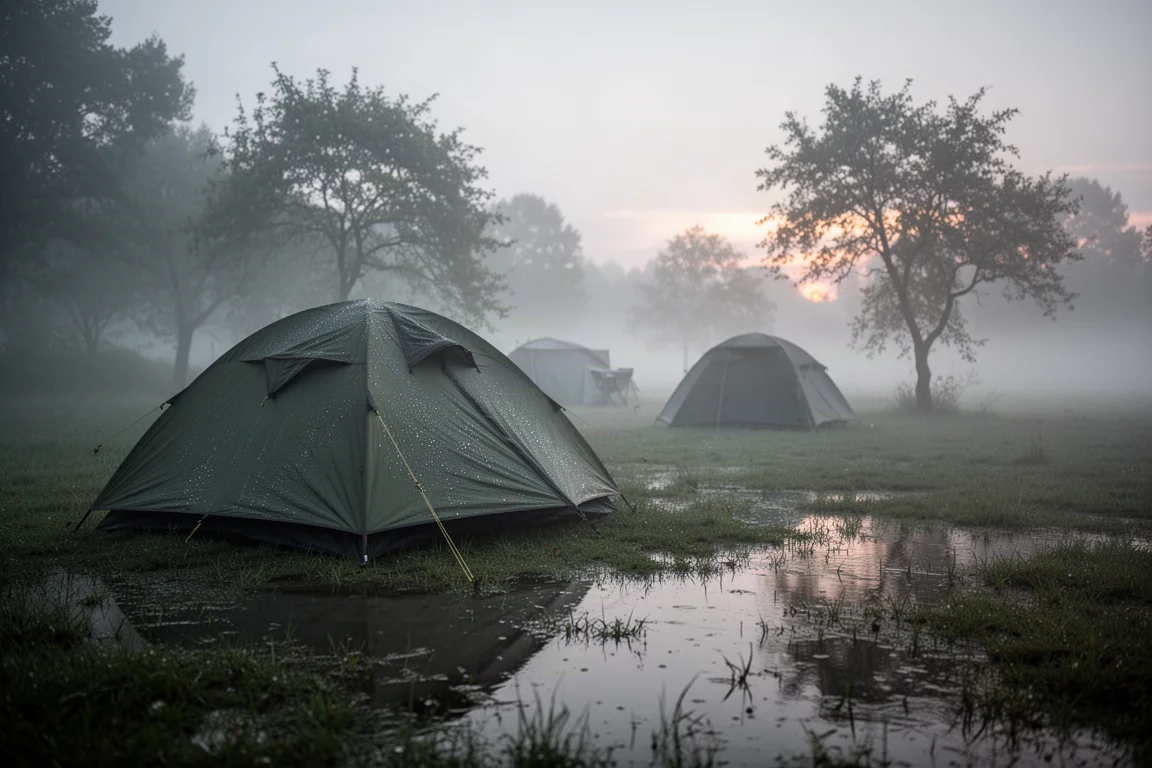 Tenda montata in un prato umido all'alba con nebbia e gocce d'acqua