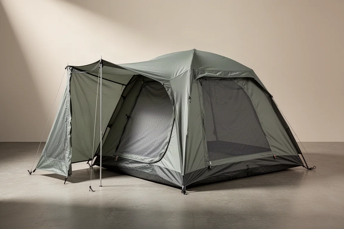 Three-season backpacking tent with sage and grey fly pitched on a neutral studio surface