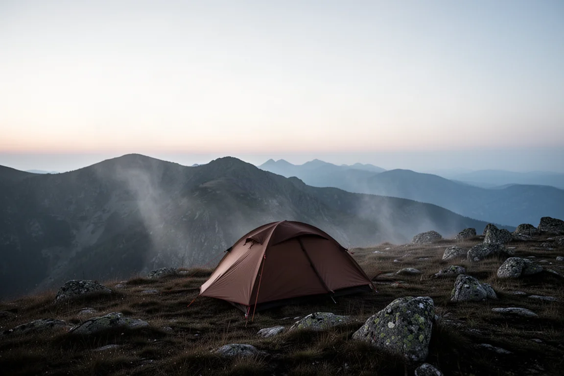 Coyote brown tent pitched on a misty mountain ridge at dusk with low clouds behind it